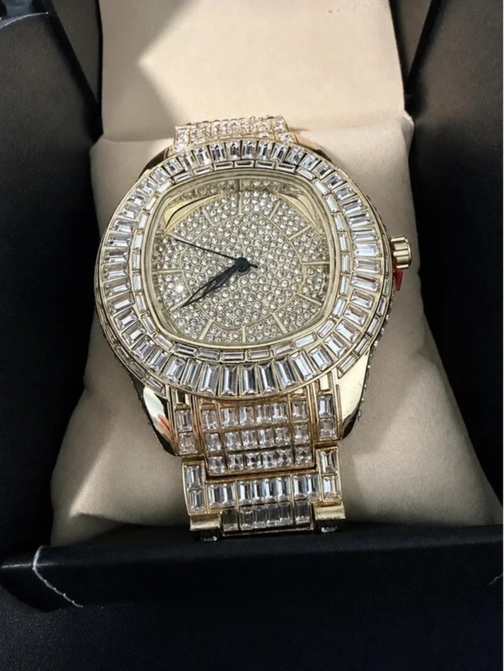 #638  43mm Gold-Tone Chandelier Timepiece – Iced-Out Statement Watch